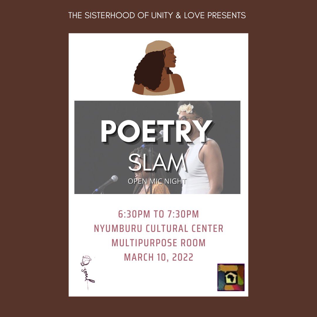 Nyumburu's tweet photo. Join the ladies of Sisterhood Of Unity &amp; Love for their Open Mic Poetry Slam tonight at 6:30pm in Nyumburu’s Multipurpose Room 🔥🎤 https://t.co/lhE3hEHoPj