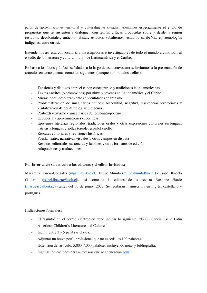 IRSCL_News's tweet photo. #CFP: IRCL Special Issue - Latin American Children’s Literature and Culture
Deadline: 30th June 2022
Submissions may be in English, Spanish or Portuguese

Please send your manuscript to the guest editors (mgarciay@uc.cl, felipe.munita@uc.cl, isabel.ibaceta@uoh.cl) 

#IRCL #IRSCL https://t.co/WlJUwBbTTJ