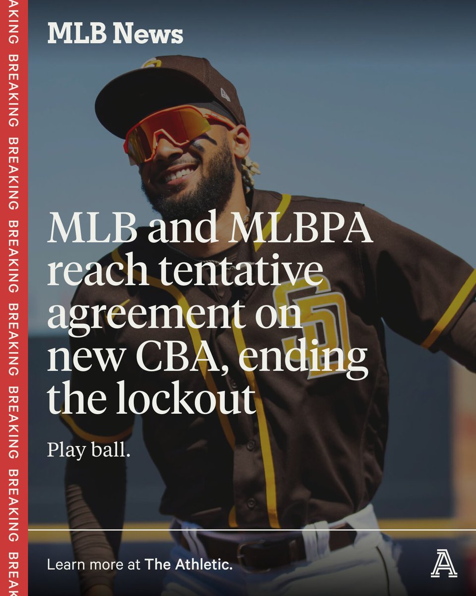 TheAthletic's tweet photo. Play ball.

MLB and the union have tentatively agreed to a new collective bargaining agreement, sources tell The Athletic.

Baseball. Is. Back. https://t.co/j0nsgSjvZQ