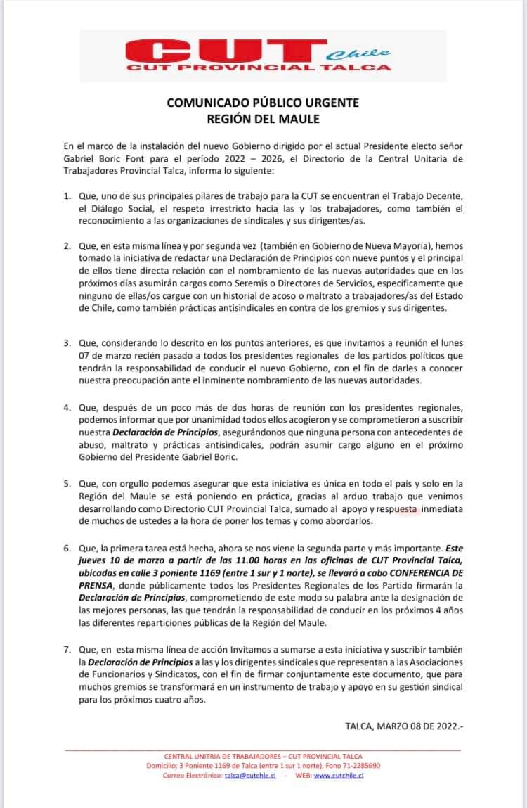 panchovarelam's tweet photo. Hoy suscribimos en la sede de la CUT Maule una declaración de principios que enmarque mínimos en la designación de las nuevas autoridades políticas y técnicas para nuestra región; @socialismodemo , @ChileDignoAD y trabajadores representantes de diferentes gremios y asociaciones. https://t.co/4jfutjAw4i
