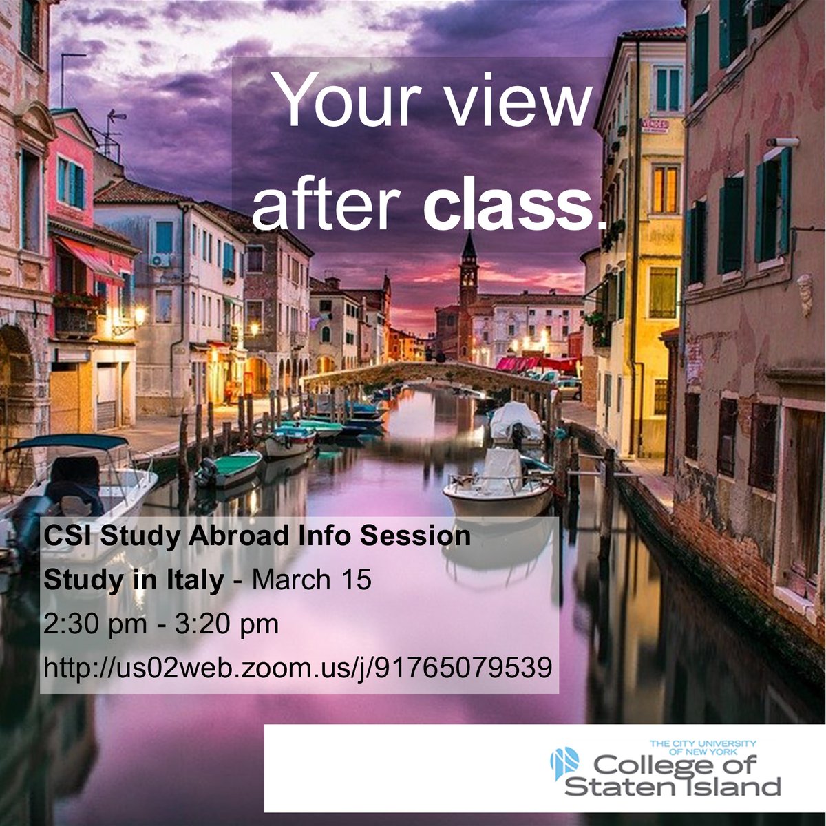 CenterIntl's tweet photo. Your view after class!

Study Abroad in Italy 🇮🇹 Info Session! On Facebook Live and Zoom.

March 15, 2:30 pm to 3:20 pm
https://t.co/cvXcPstTNJ

CSI Students:  This counts as a CC CLUE credit when watching session from Zoom.
#studyabroad #cuny #italy #rome #florence #bologna https://t.co/co4i8fKUzf
