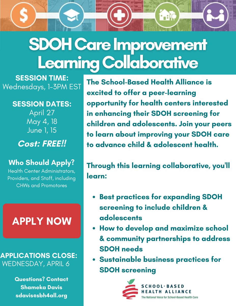 Are you a health center that provides SDOH screening &amp; care to children &amp; adolescents looking to expand and improve your screening practices by partnering with schools? The SDOH Care Improvement learning collaborative is for you! Apply now👇 bit.ly/SDOHLCs