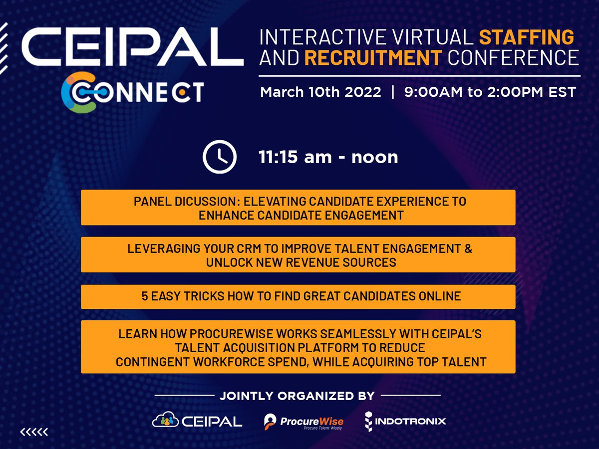 CeipalCorp's tweet photo. Don't miss out on these virtual sessions that will bring your #staffing business to the next level - we'll be live with these topics in mere moments. Register now & attend for free! https://t.co/YeM6suo6zq
@ApexSystems @CVLibrary @IndotronixAvani
#CEIPALConnect #recruitment #CRM https://t.co/WtqFnxxktG