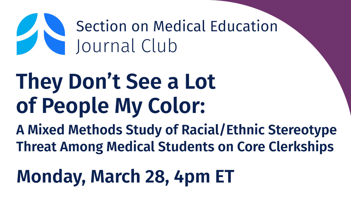 American Thoracic Society (ATS) (@atscommunity) on Twitter photo Are you aware of how racial and ethnic stereotypes can impact medical education today? Join <a href="/ATSMedEd/">ATS Section on #MedEd</a> 3/28 at 4pm ET for a journal club on "They Donāt See a Lot of People My Color." Register here: thoracic.zoom.us/meeting/regist⦠@JBullockRuns <a href="/Pulmonic_Gal/">Beth Batchelor, MD, MME</a> <a href="/Sese_denise/">Denise Sese</a> <a href="/Diana_Kelm/">Diana Kelm</a> Are you aware of how racial and ethnic stereotypes can impact medical education today? Join <a href="/ATSMedEd/">ATS Section on #MedEd</a> 3/28 at 4pm ET for a journal club on "They Donāt See a Lot of People My Color." Register here: thoracic.zoom.us/meeting/regist⦠@JBullockRuns <a href="/Pulmonic_Gal/">Beth Batchelor, MD, MME</a> <a href="/Sese_denise/">Denise Sese</a> <a href="/Diana_Kelm/">Diana Kelm</a>