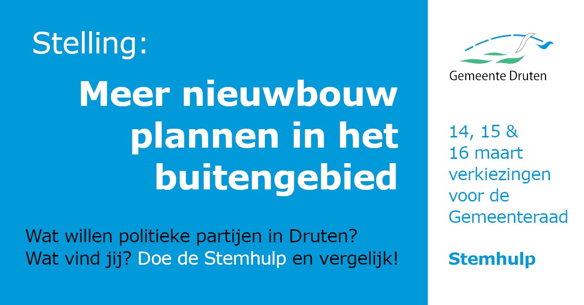 gemeentedruten's tweet image. "Het buitengebied kunnen we goed gebruiken voor nieuwbouw". Hoe denken politieke partijen hierover? Wat vind jij? Maak eens gebruik van de #Stemhulp. Vergelijk jouw standpunten met die van de partijen en maak je keuze voor de verkiezingen: mijnstem.nl/druten