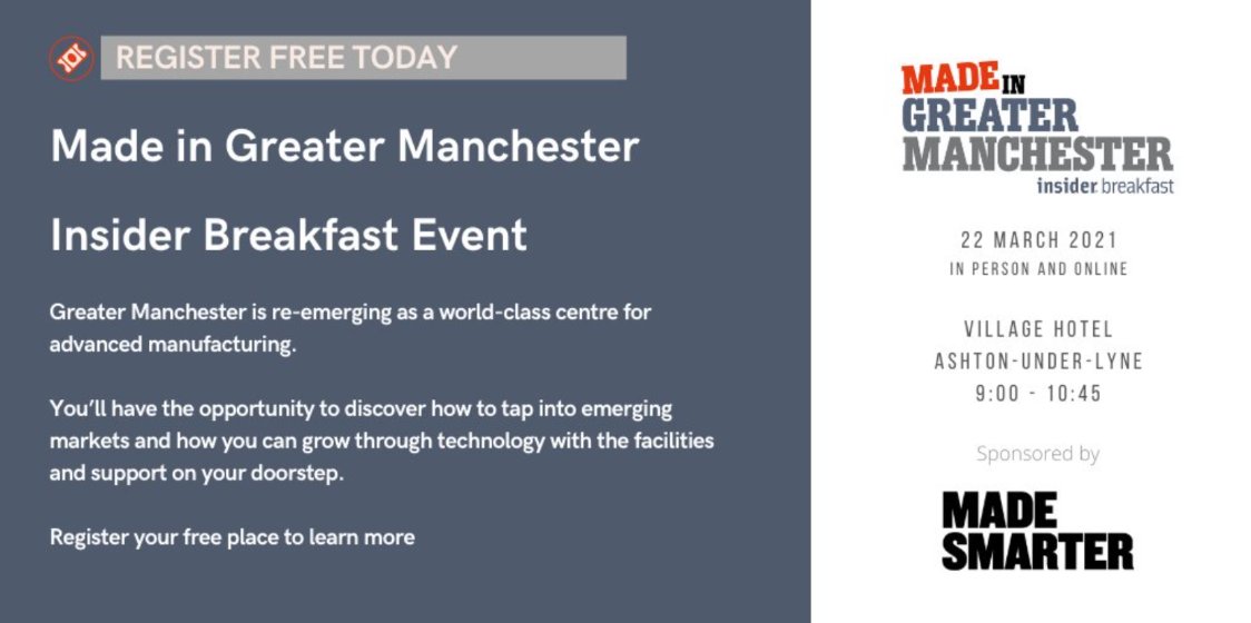 MadeSmarterUK's tweet photo. We've sponsored an Insider 'Made in Greater Manchester Breakfast' event on 22nd March. 

This event brings together speakers who are experts in the latest innovations that will take your industry forward.

Sign up today using the link.
https://t.co/R10WJGqkvM

#MadeinGM https://t.co/VPkvjXvqV0