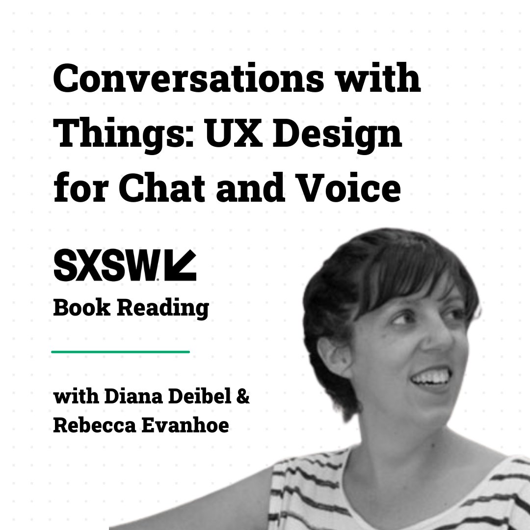 grandstudiodsgn's tweet photo. Diana Deibel is with Rebecca Evanhoe at @SXSW talking about their hit book, Conversations with Things: UX Design for Chat and Voice. They will be reading the best bits of their book.
#MakeItGrand #ConversationDesign #DianaDoesThis https://t.co/5Pd1jg4b2T