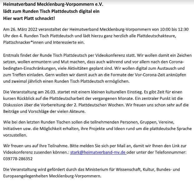 Pomm_Greif's tweet photo. Am 26.03.2022 veranstaltet der Heimatverband Mecklenburg-Vorpommern von 10:00 bis 12:30 Uhr den 4. Runden Tisch #Plattdeutsch im digitalen Format, und lädt hierzu ganz herzlich alle Plattdeutschakteure, Plattschnacker*innen und Interessierte ein. https://t.co/bshSGEKMJM