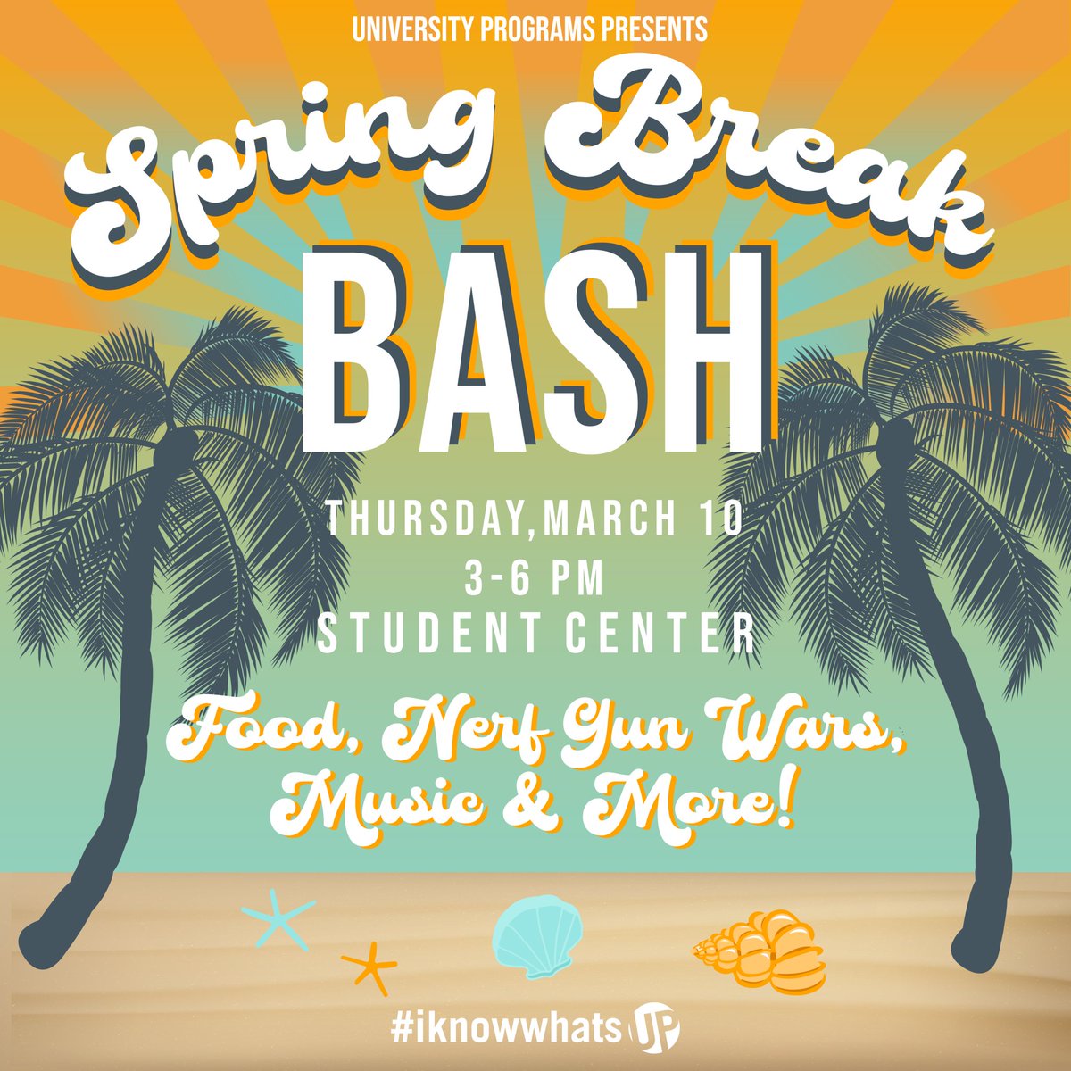 UAwhatsUP's tweet photo. You almost made it, so let's celebrate!🎊  TODAY is our Spring Break Bash to start off a much needed break the right way! 🏖️ FREE food, Italian ice, nerf gun wars AND MORE! 🤩 
#iknowwhatsUP

📆 Thursday, March 10
📍UA Student Center
⏰ 3-6 PM https://t.co/EKNF9dEqBL