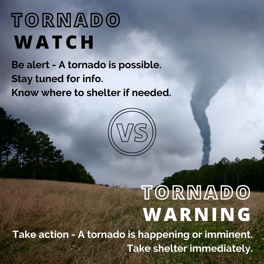 COAPublicSafety's tweet photo. March is Tornado Preparedness Month! Remember...
⚠️A Tornado Watch means stay alert and tuned in for weather alerts. Tornadoes are possible so know where to shelter if needed
🌪️A Tornado Warning means take action and seek shelter immediately! A tornado is happening or imminent https://t.co/p6h0fXEO4G
