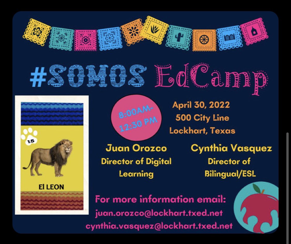 Cynthia Vasquez (@somosloslions) on Twitter photo The #SomosEdCamp is almost here! Come join us for the first ever Bilingual EdCamp! All are invited. We will be #LockedonExcellence while #UnlockingPotential and having a #LockHeart4Peopleā¤ļø eventbrite.com/e/somos-edcampā¦
<a href="/lorijonesESLIC/">Lori Jones</a> <a href="/LeslieDeLen12/">Leslie De León</a> @unsalonbilingue <a href="/active4learning/">Juan Orozco</a> The #SomosEdCamp is almost here! Come join us for the first ever Bilingual EdCamp! All are invited. We will be #LockedonExcellence while #UnlockingPotential and having a #LockHeart4Peopleā¤ļø eventbrite.com/e/somos-edcampā¦
<a href="/lorijonesESLIC/">Lori Jones</a> <a href="/LeslieDeLen12/">Leslie De León</a> @unsalonbilingue <a href="/active4learning/">Juan Orozco</a>