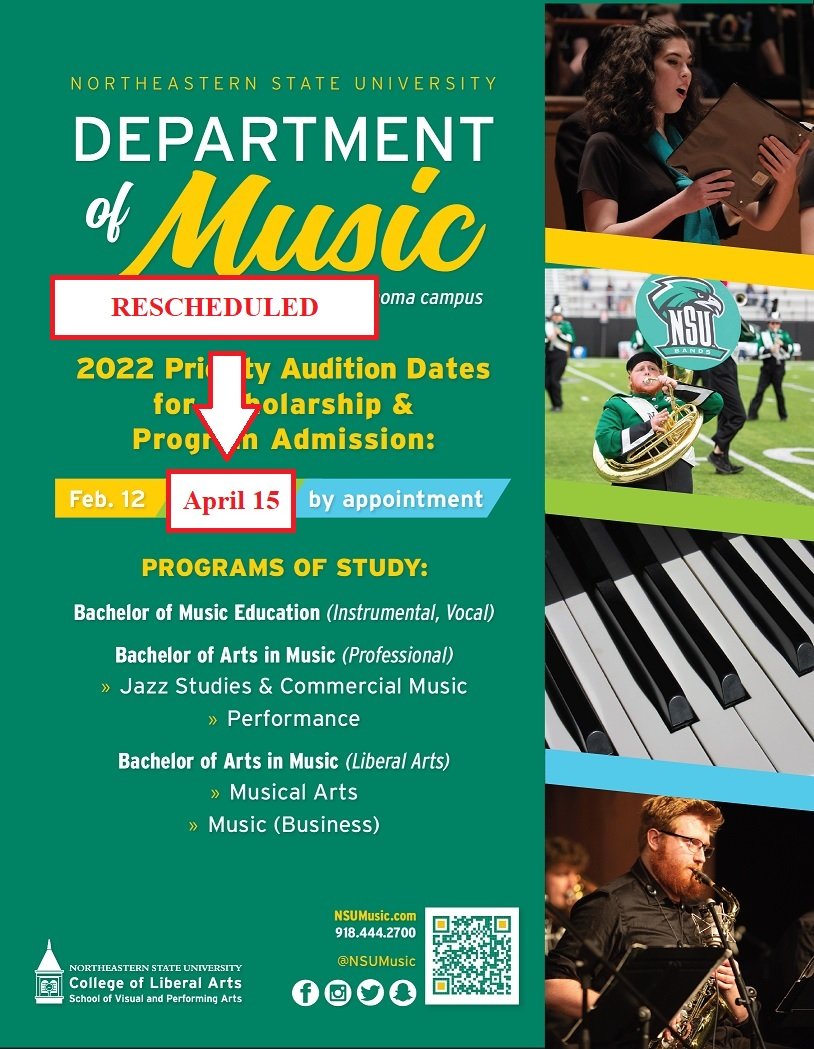 Due to forecasted inclement weather, we have made the decision to reschedule our priority audition date from tomorrow, March 11th, TO FRIDAY, APRIL 15TH.  Please check your provided email for details.  To audition with us, there is time to register nsumusic.com