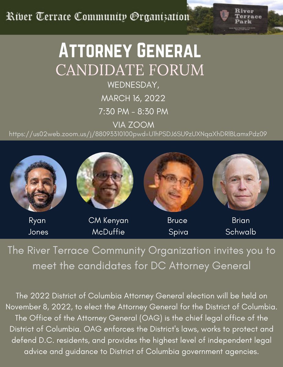 Join us on Wednesday, March 16th for our Virtual Attorney General Candidates Forum held via Zoom. This will be an opportunity to meet the candidates and get to know where they stand on issues that are important to you. Register at riverterraceinfo@gmail.com by 6PM on March 16th!