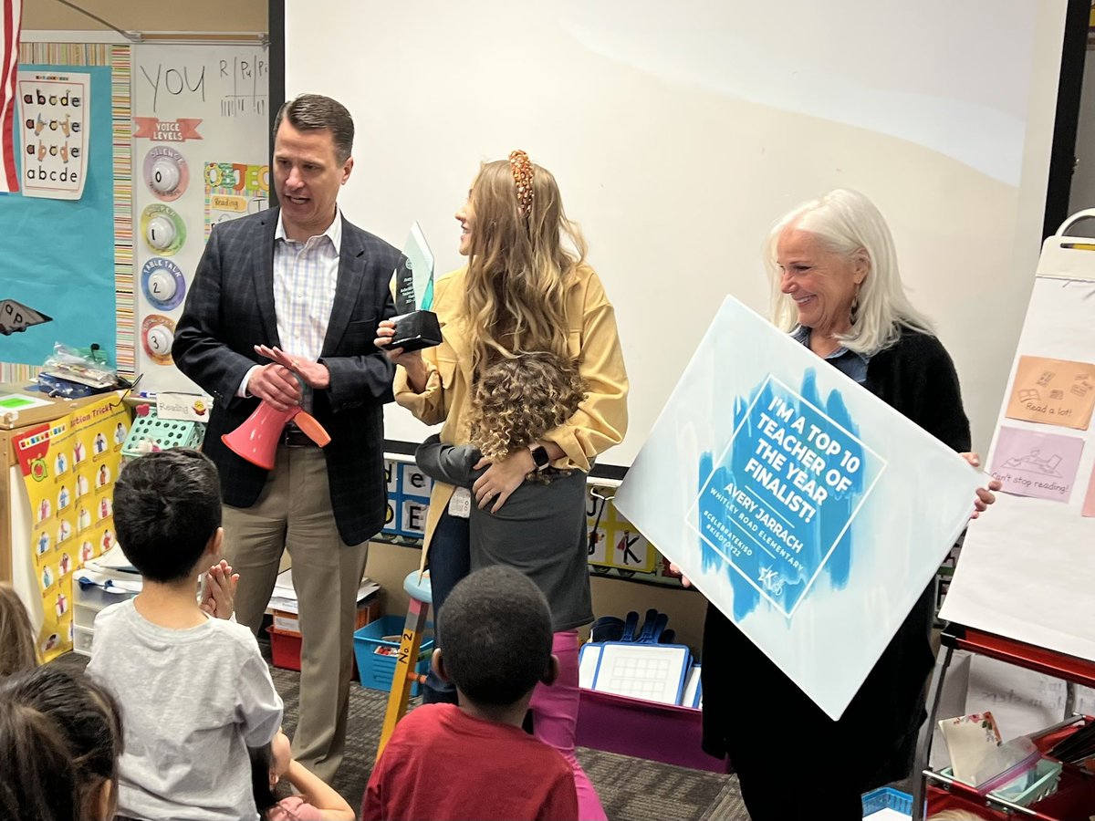 KellerISD's tweet photo. We officially have half of our 10 Teacher of the Year Finalists as we surprised Avery Jarrach at @WhitleyRoadES, our next Elementary Finalist! #KISDTOY22 https://t.co/wNi0FlDRsp