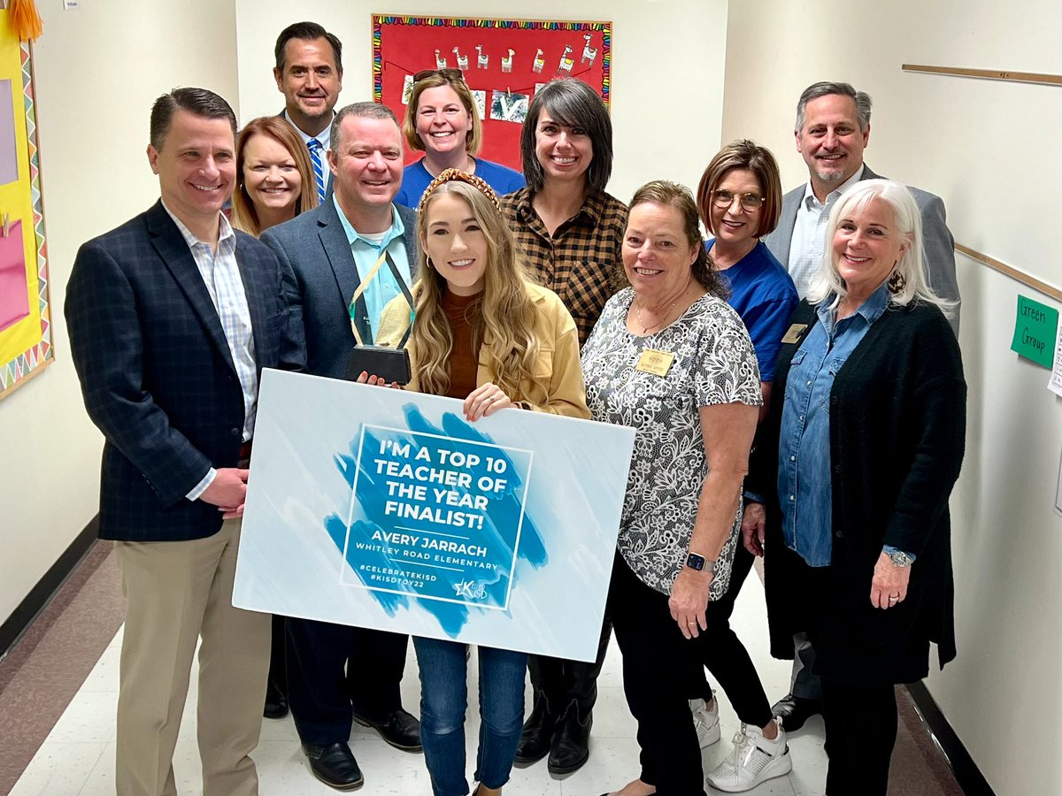 KellerISD's tweet photo. We officially have half of our 10 Teacher of the Year Finalists as we surprised Avery Jarrach at @WhitleyRoadES, our next Elementary Finalist! #KISDTOY22 https://t.co/wNi0FlDRsp