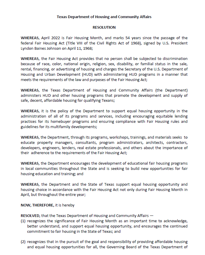 TDHCA's tweet photo. The Board passes a resolution in recognition of April 2022 being Fair Housing Month in Texas #brdmtg https://t.co/u48pedv15f