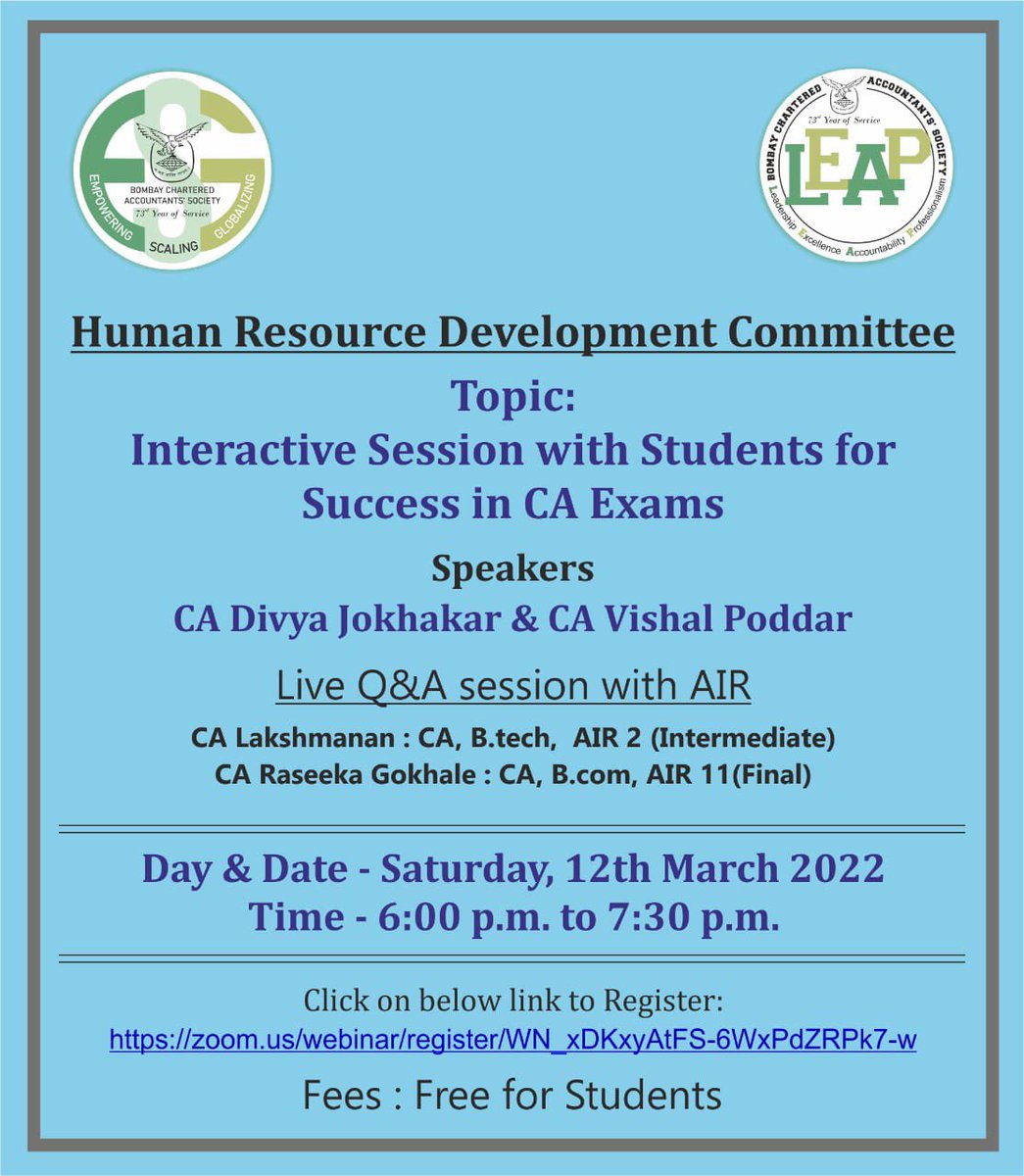 bcasglobal's tweet photo. Join us for Interactive Session with Students on 'Success in CA Exams'.
Registration Link : https://t.co/nHc6KH5RDC
#BCASinitiative #SpreadTheNews #interactive #CAexam #hardwork #CA #castudents #calife #psychologicalstrenghth #focus #success #livesession #studyperiod #student https://t.co/XFwTffz8Uk