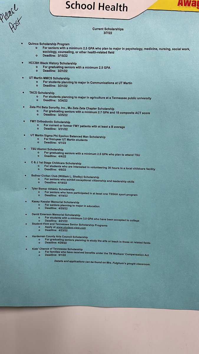 EFulghum's tweet photo. Here is this week’s scholarship list.  Visit my google classroom for details and applications. 💰💰💰💰 https://t.co/H5H99dKkID