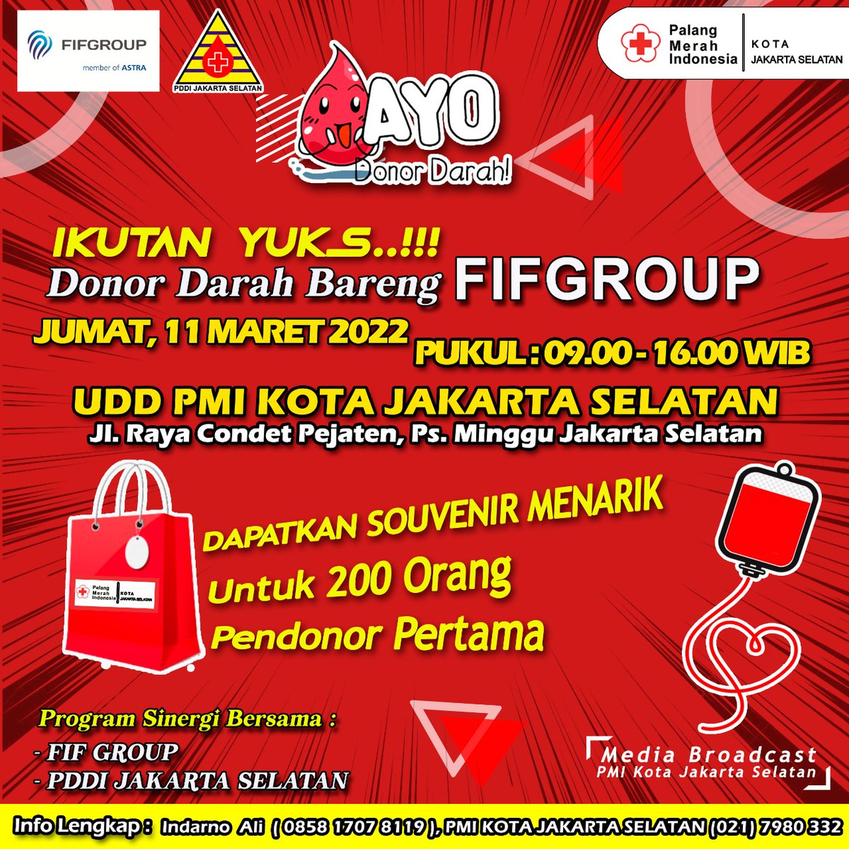 Yuks kita donor....
mulai Jumat, 11 Maret 2022 ada Souvenir menarik nih.....dari FIF Group di PMI Kota Jak Sel
selama persediaan mrncukupi....😍👍

<a href="/palangmerah/">Indonesian Red Cross</a>
<a href="/PMI_DKI_Jakarta/">PMI Provinsi DKI Jakarta</a>
<a href="/KotaJaksel/">Kota Jakarta Selatan</a>
<a href="/DonorDarahINFO/">DonorDarah.INFO | Informasi Donor Darah</a>
<a href="/infodonordarah/">Info Donor Darah</a>
<a href="/BloodDonor_ID/">DonorDarah_ID</a>

#ayodonordarah