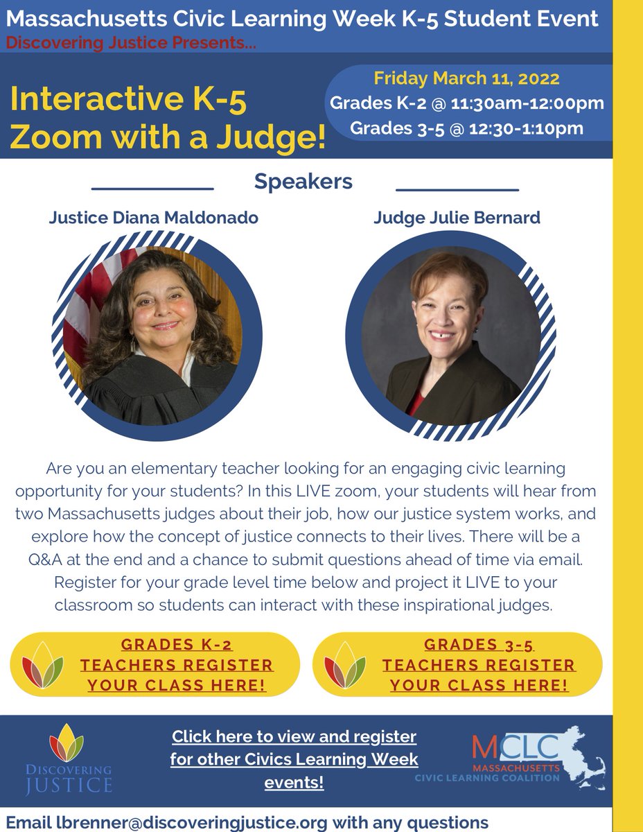 #MACivicLearning What makes up our justice system? Join us tomorrow 3/11 for Zoom with a Judge to get this question answered! We will have 2 separate sessions, each tailored by class year, K-2 from 11:30am-12:00pm and Grades 3-5 from 12:30-1:10pm macivicsforall.org/clw2022