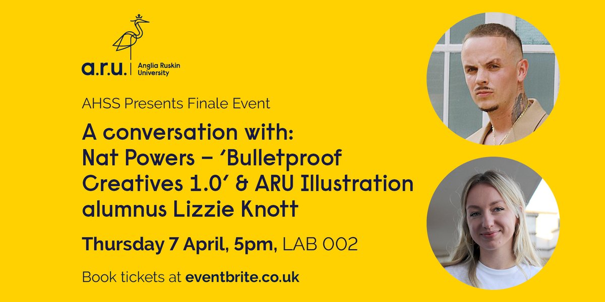 Camb School Art & Camb School Creative Industries (@arucreative) on Twitter photo Join us for our upcoming @ARU_AHSS Presents public lecture, Thursday 7 April, 5pm  <a href="/AngliaRuskin/">ARU</a>
Our guest speakers are British Record Producer Nat Powers and <a href="/lizzieamyknott/">Lizzie Knott</a>, 2020 BA Illustration graduate #ARUProud 
Open to the public, register now: eventbrite.co.uk/e/ahss-present… Join us for our upcoming @ARU_AHSS Presents public lecture, Thursday 7 April, 5pm  <a href="/AngliaRuskin/">ARU</a>
Our guest speakers are British Record Producer Nat Powers and <a href="/lizzieamyknott/">Lizzie Knott</a>, 2020 BA Illustration graduate #ARUProud 
Open to the public, register now: eventbrite.co.uk/e/ahss-present…