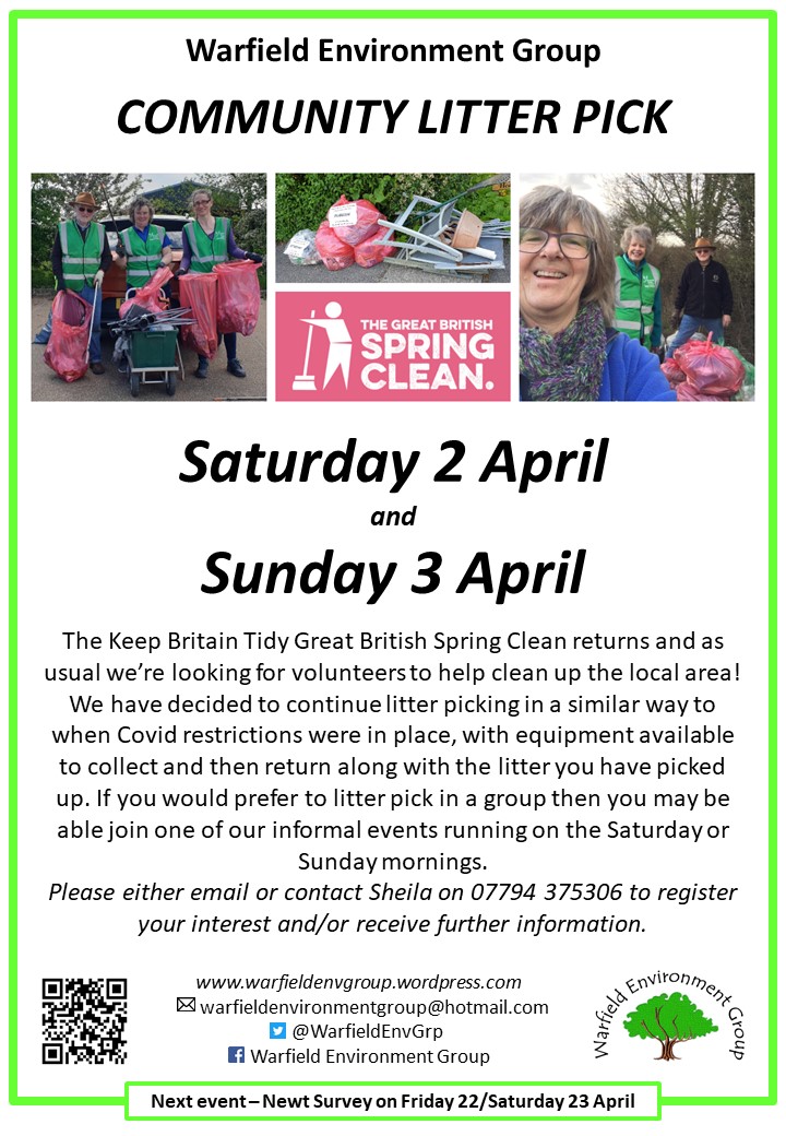 WarfieldEnvGrp's tweet photo. GREAT BRITISH SPRING CLEAN COMMUNITY LITTER PICK in #WARFIELD

🗓️ Saturday 2 April and Sunday 3 April

The Keep Britain Tidy Great British Spring Clean returns and as usual we’re looking for volunteers to help clean up the local area! See our poster for further info: https://t.co/kS32Q2Snz2