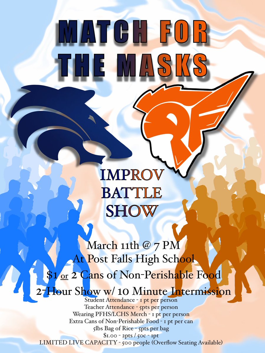 instagram.com/p/Ca30Y4XPOoS/...
Match for the Masks is this Friday at 7pm at Post Falls High School. Admission is $1 or 2 cans of food.  Match for the Masks is an improv battle between Lake City High School's Blue Room Improv and Post Falls' Orange Couch.