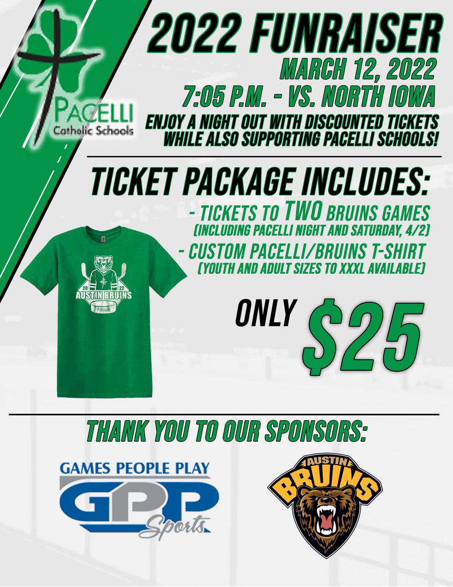 theaustinbruins's tweet photo. Time's running out to order your Pacelli Packs! For $25 you get 1 ticket to 2 Bruins Games (3/12 &amp; 4/2) and a Limited Edition Pacelli/Bruins Shirt! Packs benefit @PacelliCatholic so don't miss out! To order yours, email ASEVERTSON@PacelliSchools.org! https://t.co/DQ2DcnSOFT