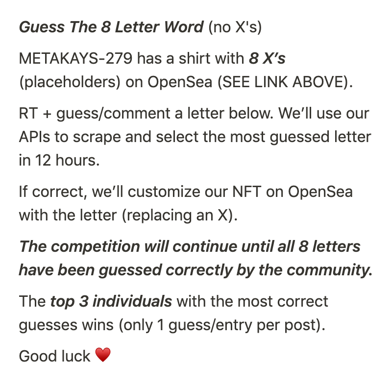 METAKAYS's tweet photo. The most guessed letter "R" is NOT in the word.

GUESS AGAIN:

RT + comment/guess 𝙤𝙣𝙚 𝙡𝙚𝙩𝙩𝙚𝙧.

Incorrect guesses: "N", "D", "P", "R"

Current progress 👉 A C A _ _ _ _ S

Current customization 👉 https://t.co/QEw8csSjX8

Full instructions below: https://t.co/weHM6tRgAD
