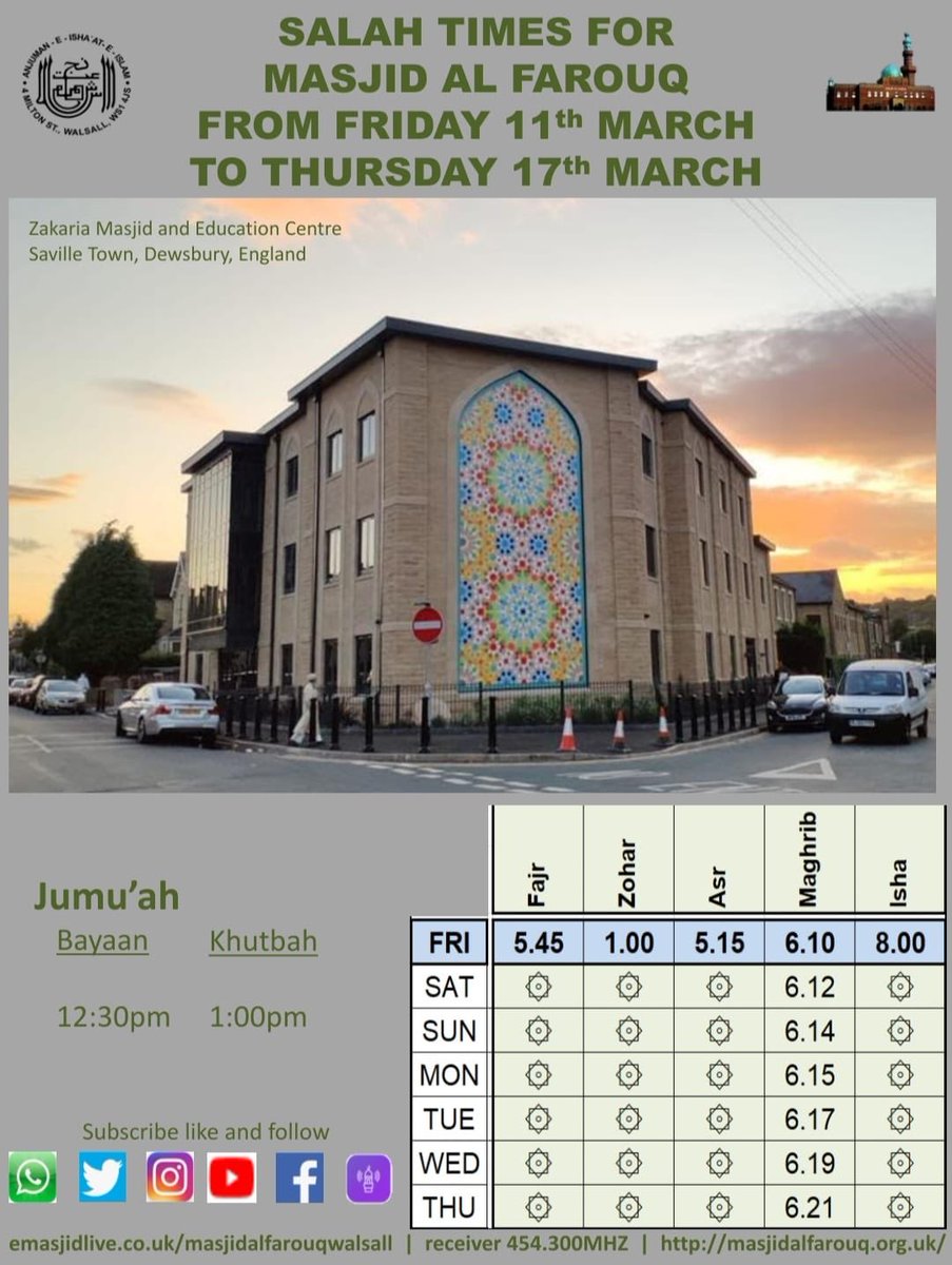 FarouqMasjid's tweet photo. Salaah timetable for the week ahead. This week we feature Zakariya Masjid, #SavilleTown #Dewsbury #britishmosques https://t.co/r9cBdgJepm