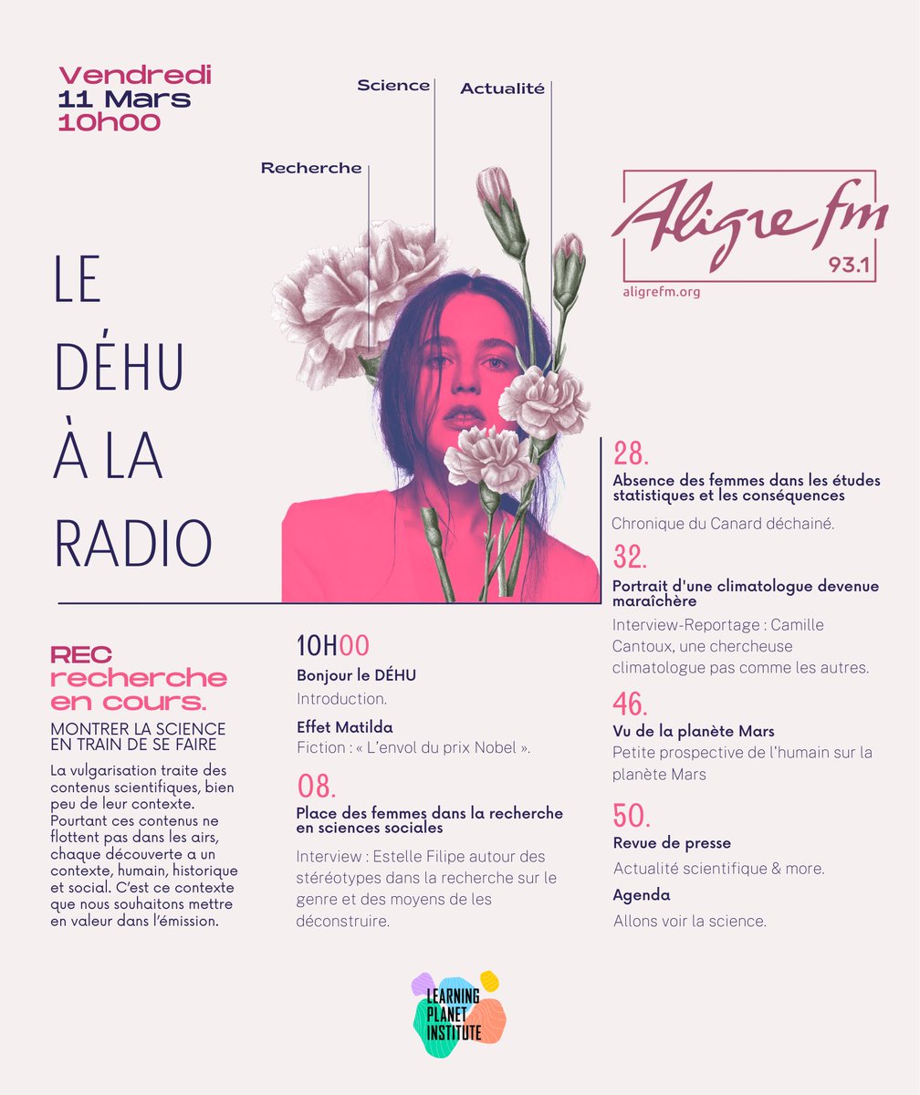 Demain vendredi, entre 10h et 11h, venez écouter la promo 2022 du DU Médiation Scientifique Innovante sur aligrefm.org !

Femmes, sciences, actualités, les médiateurices en herbe que nous sommes vous ouvrent les portes sur la science en train de se faire.
