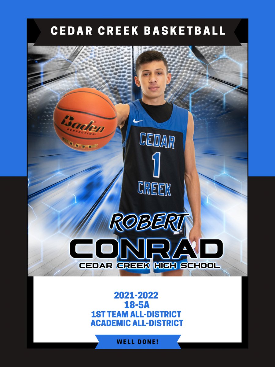 CedarCreekHoops's tweet photo. Now we have sophomore @R_conrad3! Robert received the honors of Academic All-District and 1st Team All-District for the second year in a row! Robert has a relentless will and it shows day in and day out! Congratulations Robert! https://t.co/ShdpqOXKBi