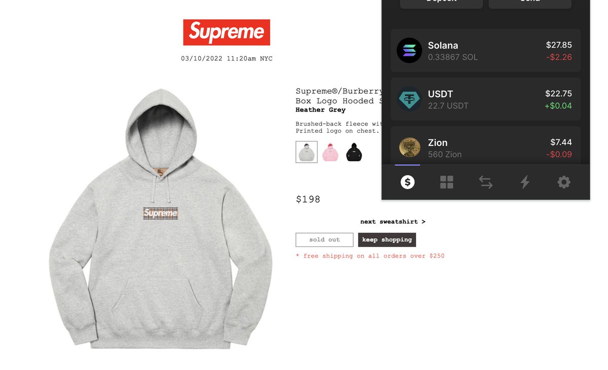 premepremenft's tweet photo. missed out on bogo because wallet wouldn't connect... devs plz do something!!!! @supremenewyork @phantom https://t.co/WoHA1PC3Lq