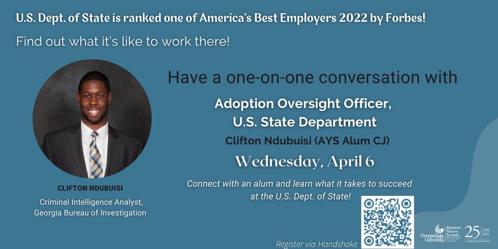 AYSCareers's tweet photo. Do you want to know how to step into work with the US. Dept. of State or the Carter Center? Sign up for a one-one-one conversation with a professional. 
Save your spot! Register here: https://t.co/qB8T7faiTD
#careerconversations #networking #AYSPS #careerdevelopment https://t.co/tSHujliswa