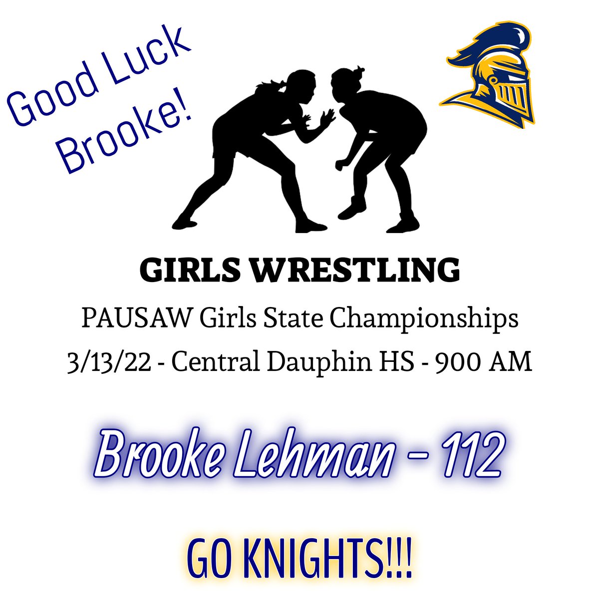 EyScores's tweet photo. Good luck to Brooke Lehman this weekend!  

🆚 | PAUSAW Girls State Championship
🕖 | 3/13 - 9:00AM
📍 | 437 Piketown Rd, Harrisburg, PA 17112

@eywrestling @YAscores @YDSports https://t.co/wsHly9e7ho
