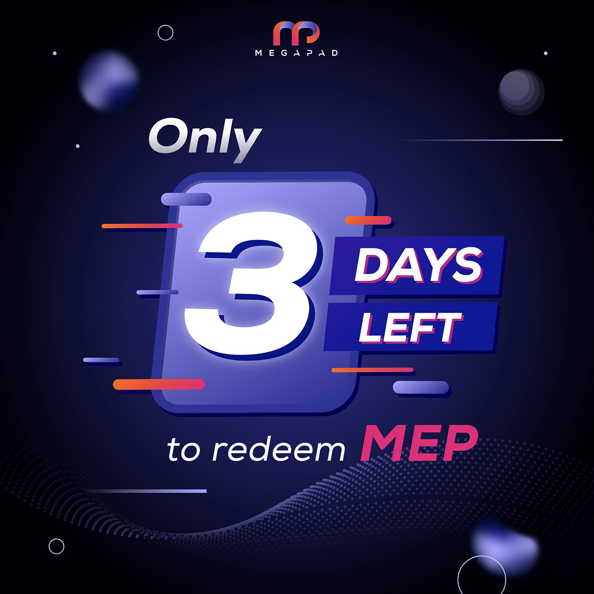 Our platform will be open for a redemption for 3 more days only! 

Investors can redeem the coins at the rate 0.003BUSD per 1 MMP+wMMP.
Today - 13 March at 7PM (UTC +7)
 
To redeem, click 👉 moonmakerprotocol.com/mep_redeem

facebook.com/10876524137991…

#MEP #Megapad