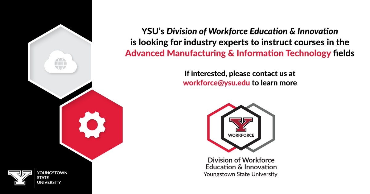 YSU_Workforce's tweet photo. ATTENTION INDUSTRY EXPERTS!

The Division of Workforce Education and Innovation is on the lookout for industry experts in Advanced Manufacturing and Information Technology fields to instruct related courses.

Interested? Please contact us at the email listed below! https://t.co/mE31f91BgY