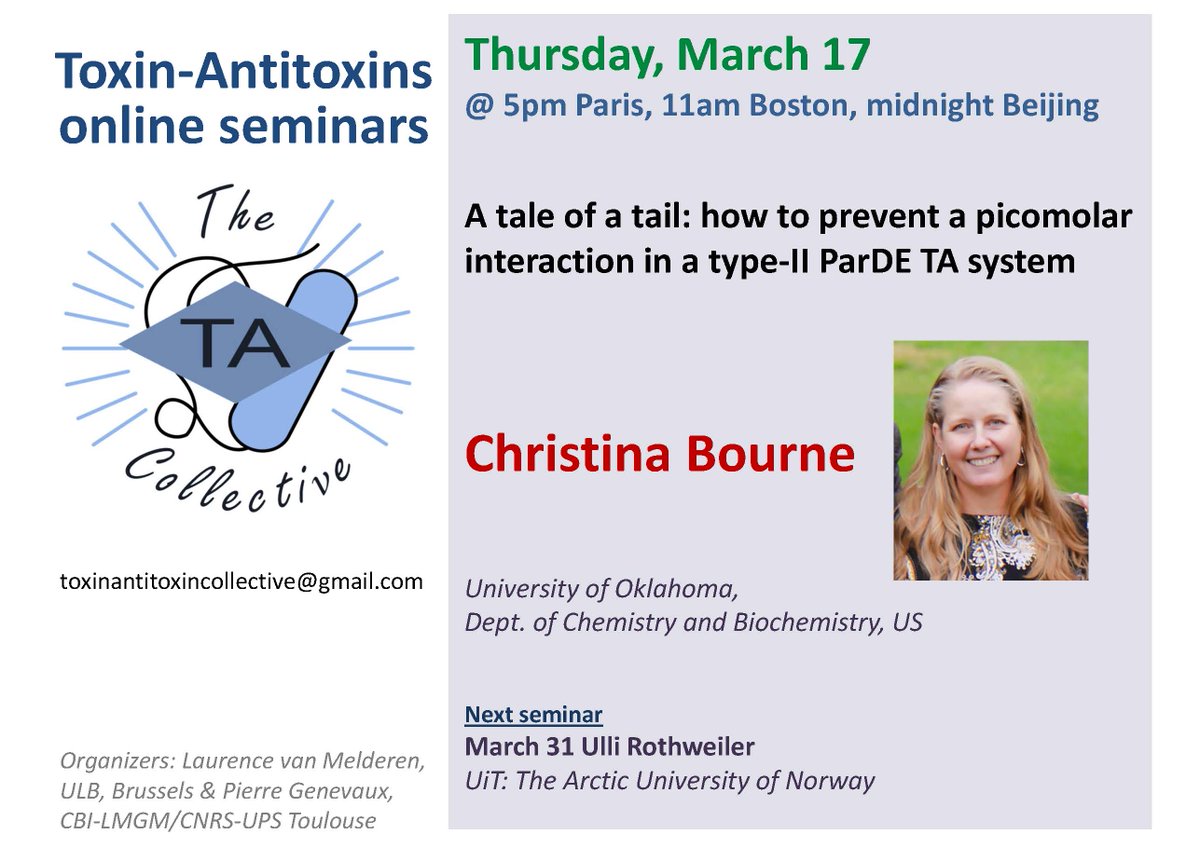 CollectiveTa's tweet photo. Christina Bourne TA collective seminar next week! 
 “A tale of a tail: how to prevent a picomolar interaction in a type-II ParDE TA system”
@BourneLabOU, @OUResearch 
Thursday, March 17 @ 5pm Paris, 11am Boston, midnight Beijing https://t.co/NhvHqyzwP9