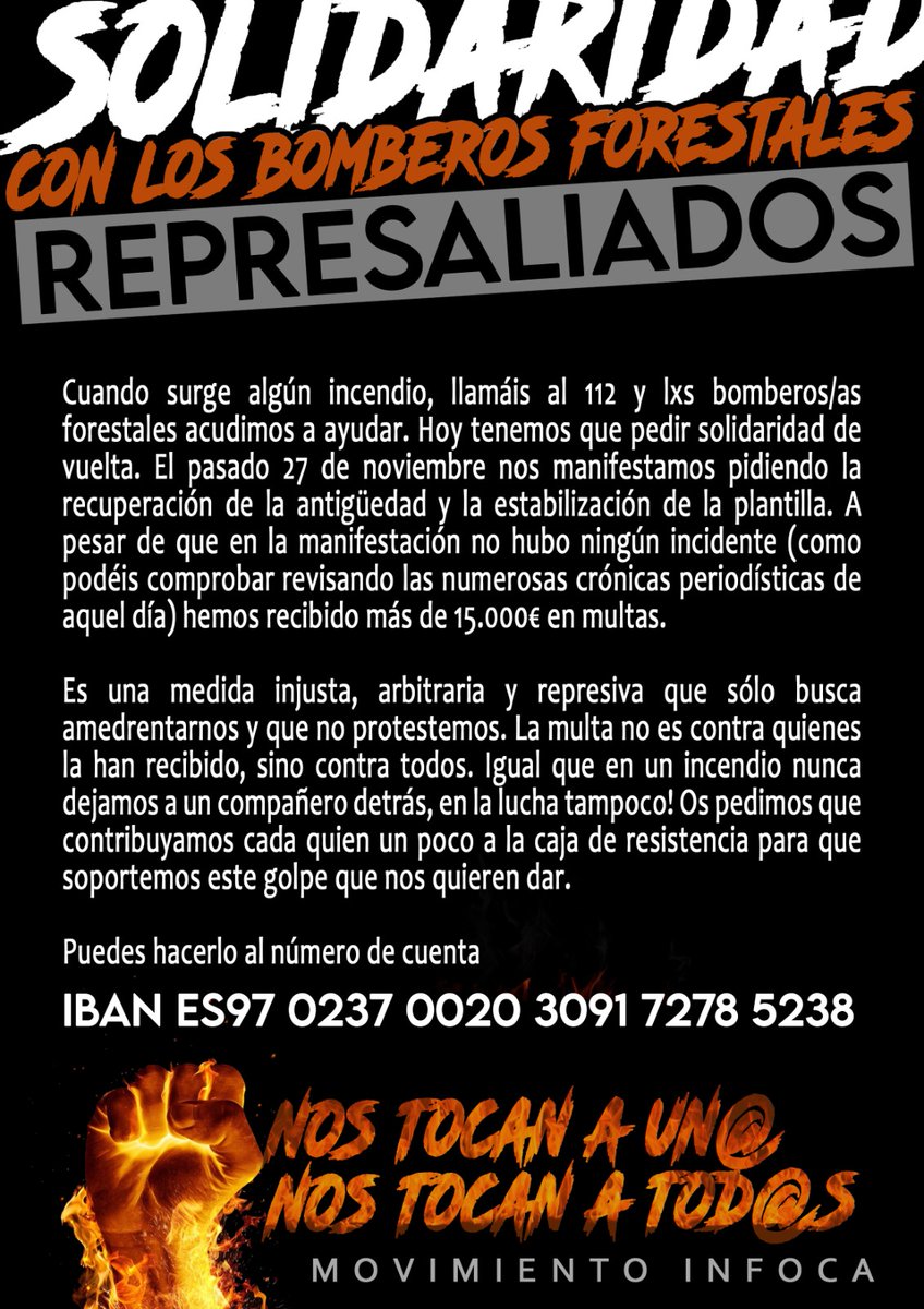 AdelanteAND's tweet photo. Desde Adelante Andalucía mostramos nuestra solidaridad con los y las trabajadoras de @Plan_INFOCA. 

Han sido multados con + de 15.000€ por luchar por sus derechos. Tienen una caja de resistencia. Siempre salvan Andalucía, echémosles una mano donando lo que podamos👇🏽 https://t.co/hqJRPsmQH3