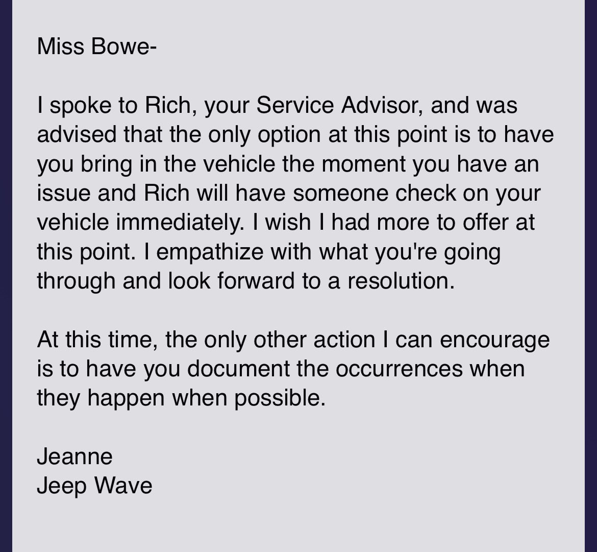 ke1ght's tweet photo. @JeepCares @Jeep brand new car, power steering failed multiple times last week driving with my 5 year old son in the car I almost crashed into a truck, and you’re telling me you don’t know how to fix It so just keep driving It?!?! Is this a joke? Jeep wave customer service blows! https://t.co/gTcSYLcj6G