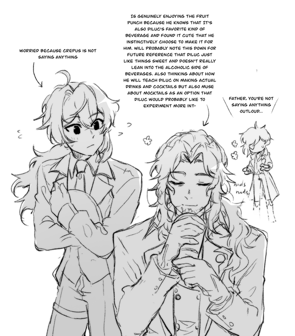 "He must have enjoyed it."
-
I see canon Crepus content, so I rush to draw this,, I imagine Crepus was probably thinking about the drink but he forgot to say anything and Diluc just stood there 🧍 