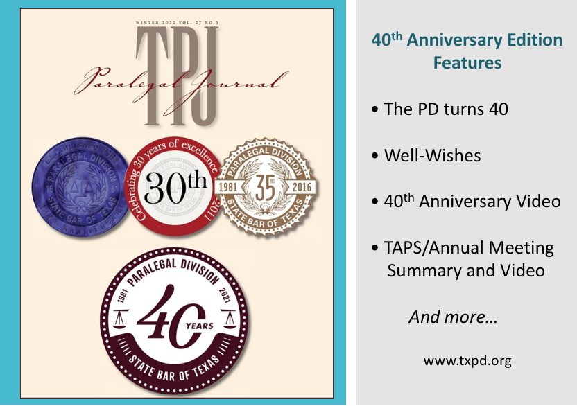 MeganGeneral183's tweet photo. As Editor of the Texas Paralegal Journal, I am excited to announce that the 40th Anniversary Edition is available! It includes the "History of the Division" and many wonderful tributes . https://t.co/rThjsqjAUd #paralegaldivision #texasparalegals #txpd #TAPS2021 https://t.co/6YLaxk1udK