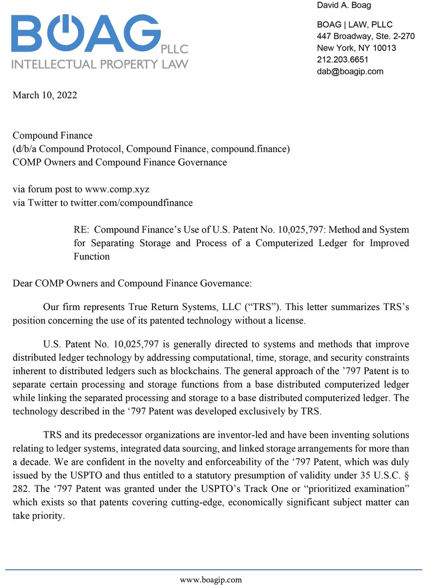 InventFi's tweet photo. @compoundfinance 
RE: Compound Finance’s Use of U.S. Patent No. 10,025,797: Method and System for Separating Storage and Process of a Computerized Ledger for Improved 
Function  https://t.co/nfklOSlAab https://t.co/VsfAInZ0GC