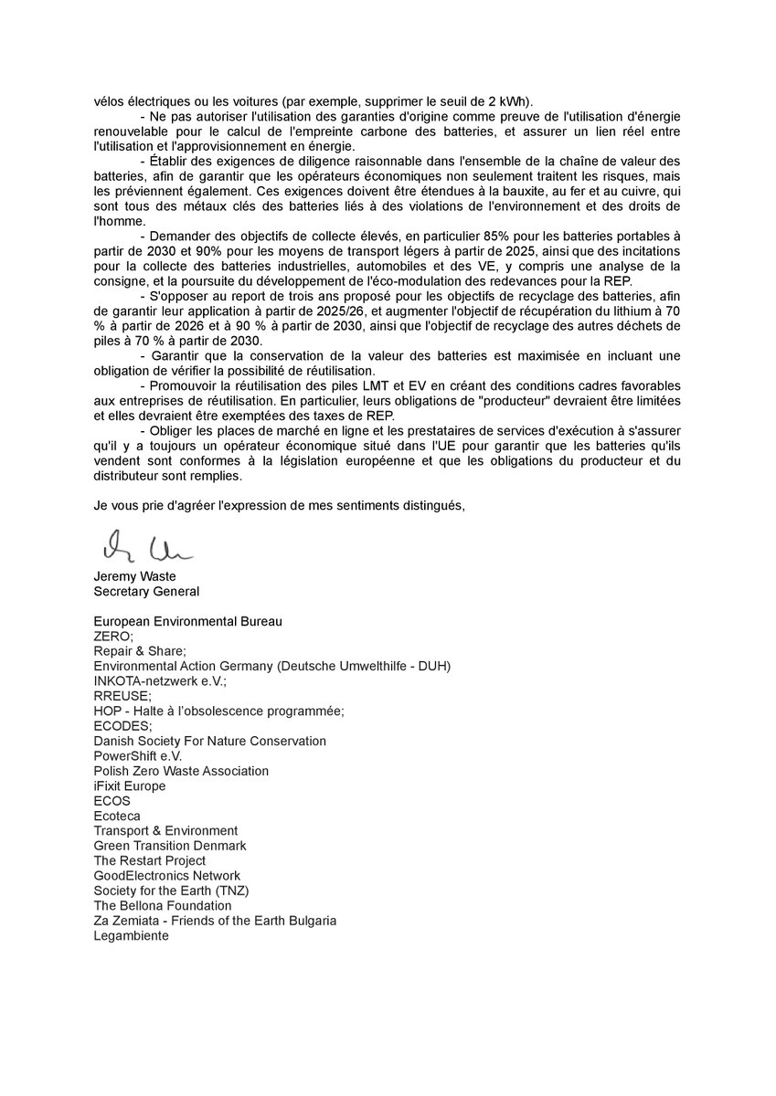 Dans une lettre adressée à <a href="/barbarapompili/">Barbara Pompili</a> et aux côtés de <a href="/Green_Europe/">European Environmental Bureau</a> et de 21 autres organisations européennes, HOP appelle le gouvernement français à être ambitieux dans le cadre du règlement européen pour des batteries durables et réparables ! 🖊️📱💻