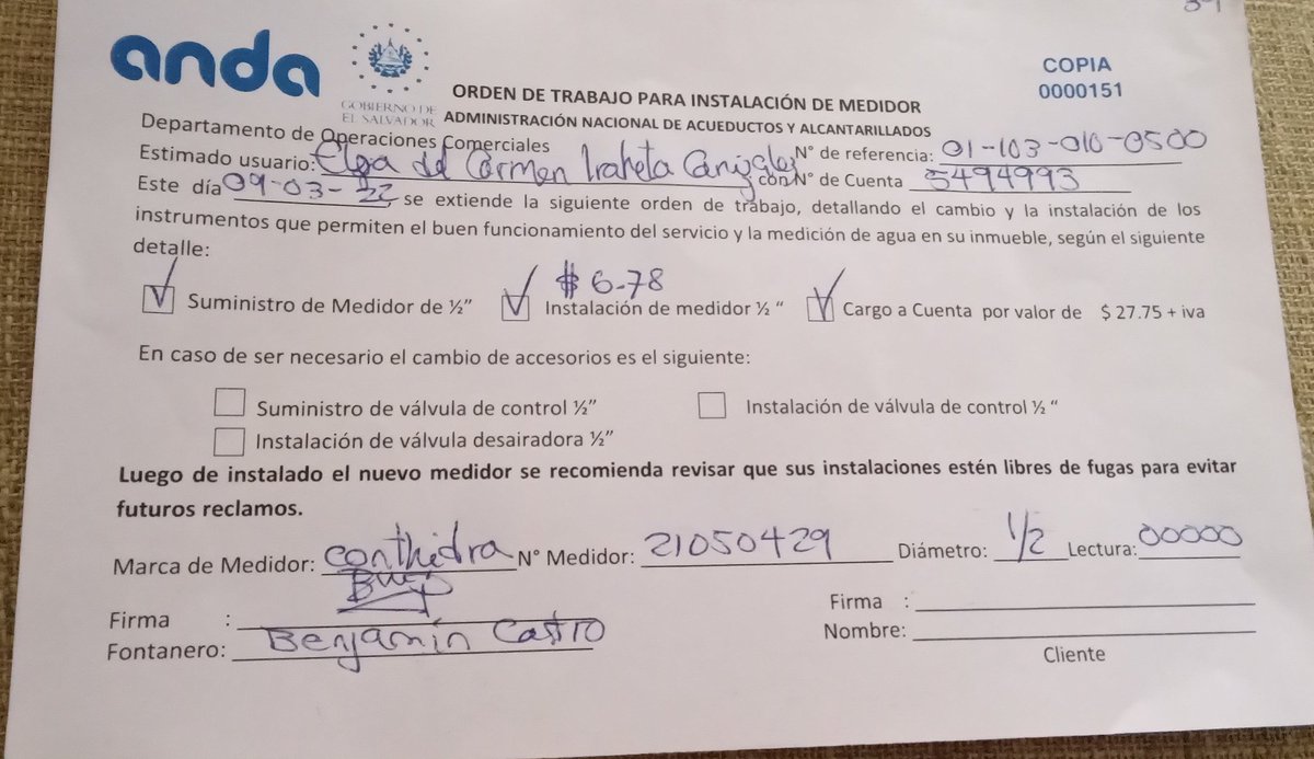 Señores <a href="/ANDASV/">ANDA</a>:
Cómo es posible que ustedes dispongan si los contadores de agua están buenos o no e impongan pagar, sí o sí, casi $40.00 dólares.
Nuestro contador estaba bueno. Pero aún así lo cambiaron y hasta un día después de cambiarlo nos lo notificaron.
Decepcionante!!!