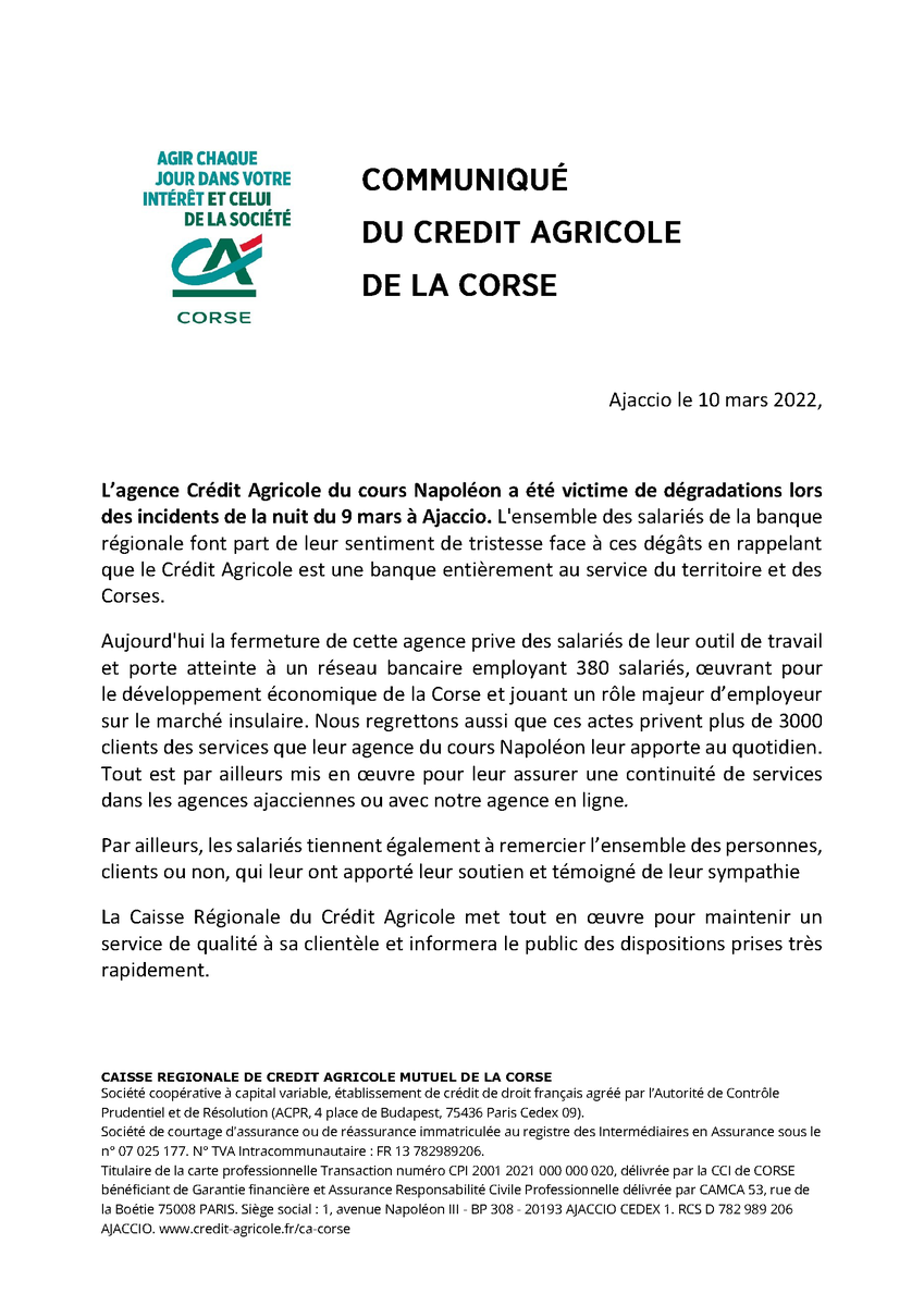CAdelacorse's tweet photo. Communiqué du Crédit Agricole de la Corse suite aux incidents survenus le 9 mars à Ajaccio et ayant touché une de nos agences. https://t.co/465vyeWvON