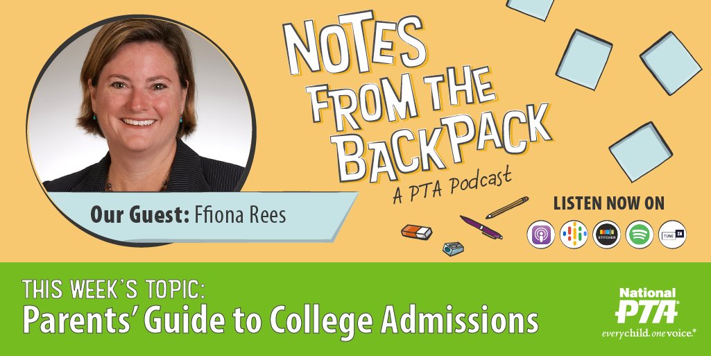 NationalPTA's tweet image. Parents’ Guide to College Admissions 🎓 

@NACAC joins the #BackpackNotes podcast to answer questions and give tips on how to support your teen as they navigate through the college admissions process. Listen on your favorite app or at PTA.org/PodcastEp56
