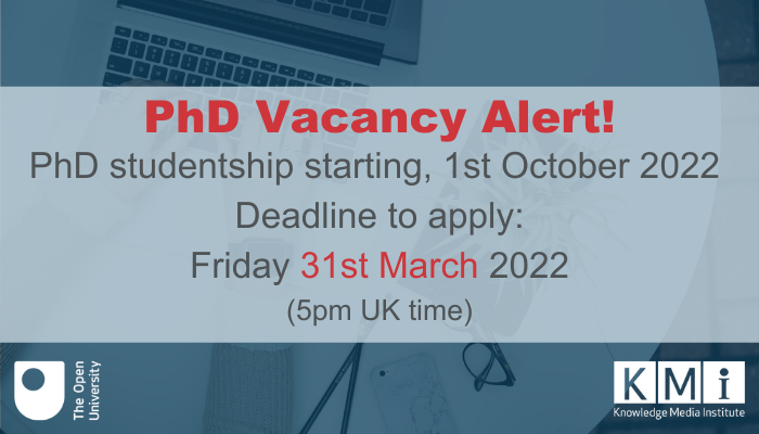 kmiou's tweet photo. KMi has a vacancy for a PhD student in #KnowledgeMedia and #DataScience Starting October 2022 Location: Milton Keynes Apply today! Deadline: 31st March, 17.00 UK Time @OU_STEM @kmiou https://t.co/ewKoIlIXjWย โฆ https://t.co/l1DpdEoNWK https://t.co/8iKDTHkue0