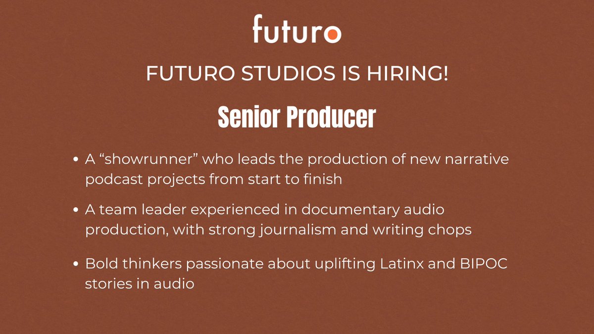 🚨 JOB ALERT 🚨

We're looking for an experienced &amp; skilled audio producer, journalist, and team manager to lead new narrative non-fiction podcast projects <a href="/futurostudios/">Futuro Studios</a>! 

Know of anyone? Share with friends! Think this is for you? We want to hear from you!