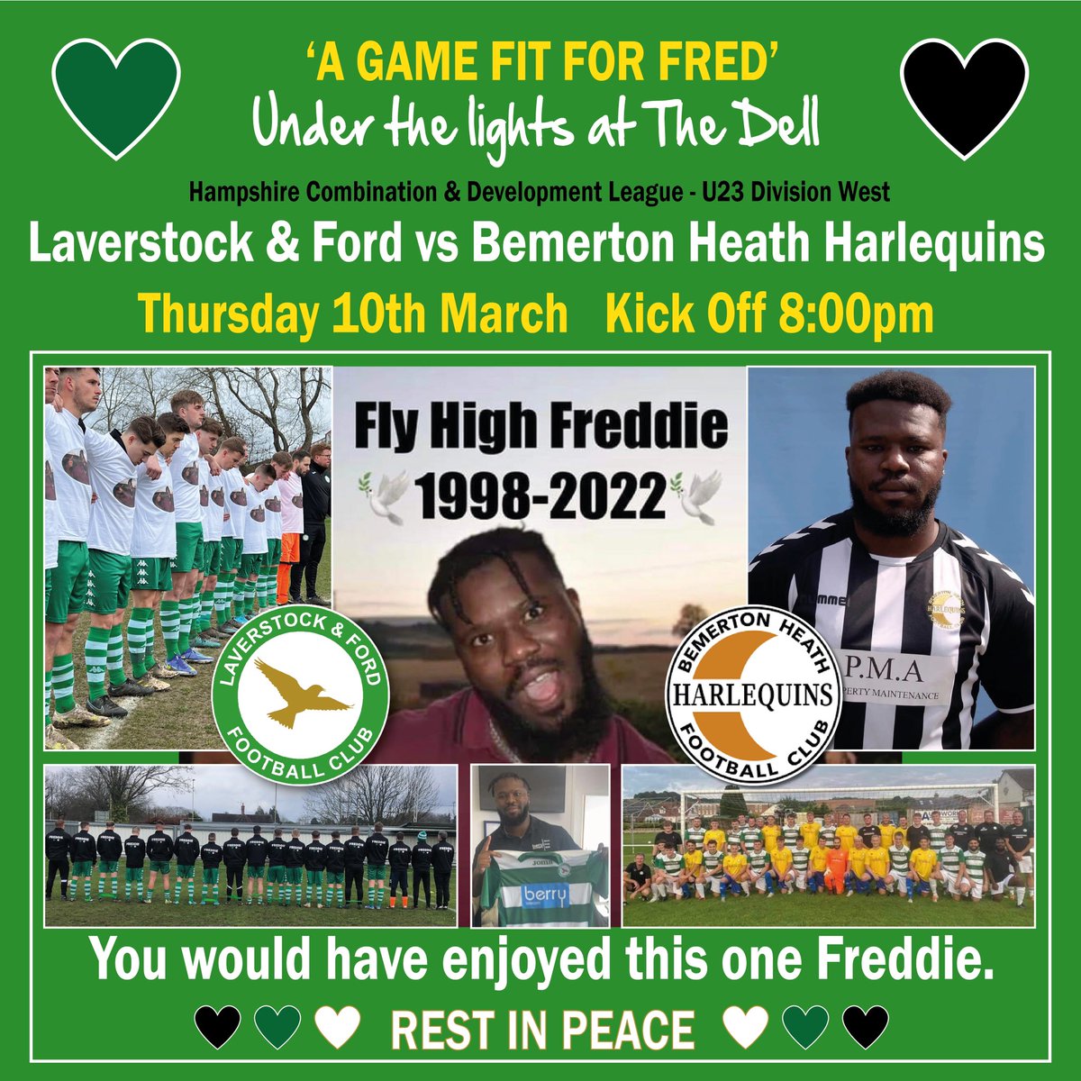 Tonight! We pack the Dell! 
‘A game fit for Fred’ 
⏰ 8pm KO 

⭐️There will be a donations bucket on the gate so please DIG DEEP 
⭐️ALL Proceeds will be going to the go fund me page for our man Freddie 💚
<a href="/BemmyU23/">Bemerton Heath Harlequins U23</a> <a href="/BemertonHeathFC/">Bemerton Heath Harlequins</a> 
#Bulldogs 💚⚽️🐶 #FJF